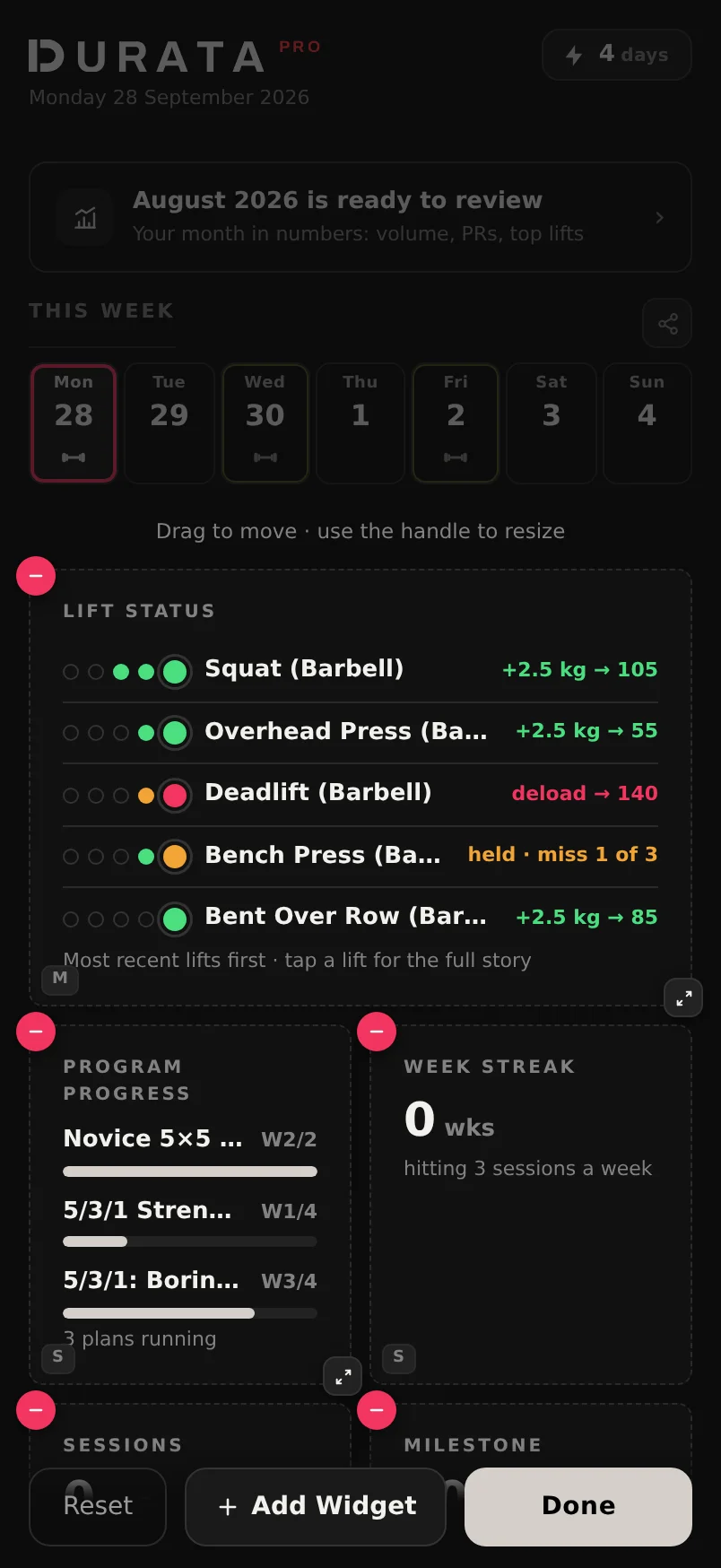 Customize Home edit mode: live widgets each showing a remove badge, a size chip and a resize handle, with Reset and Done at the bottom