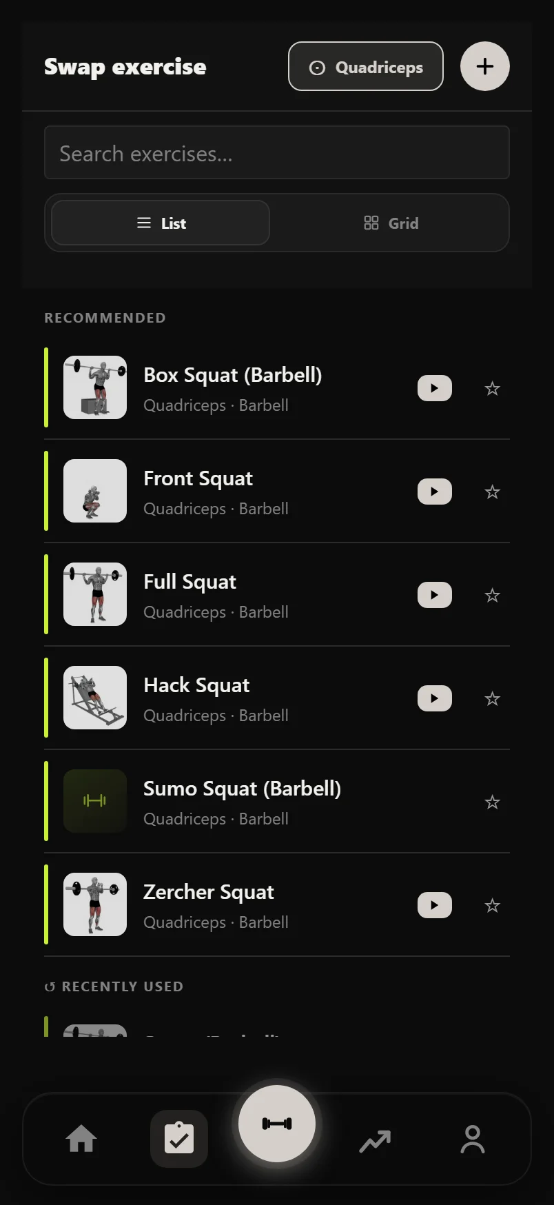 Exercise swap picker recommending front squats, hack squats and other close squat alternatives