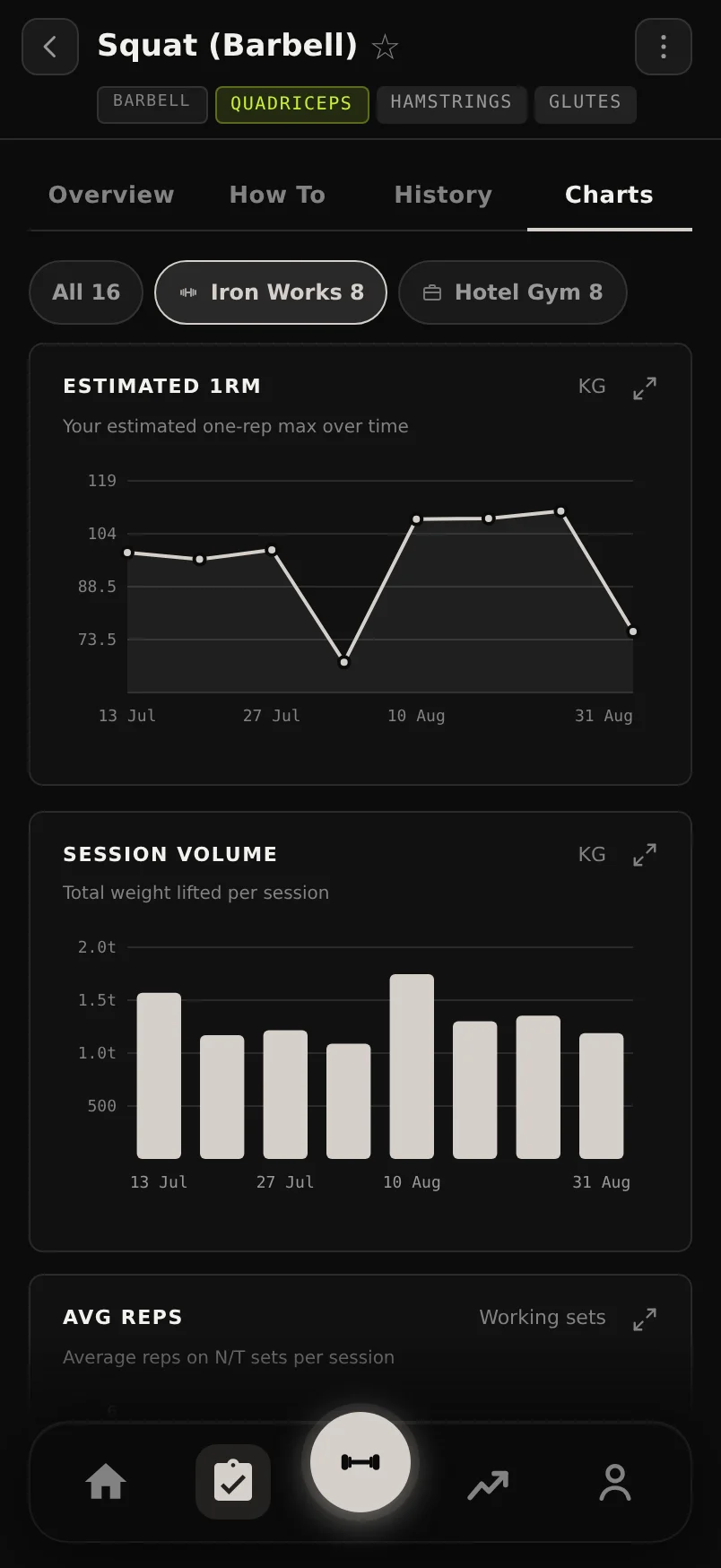 An estimated one-rep max chart filtered to one gym, with the venue chips above it and the session count updated underneath