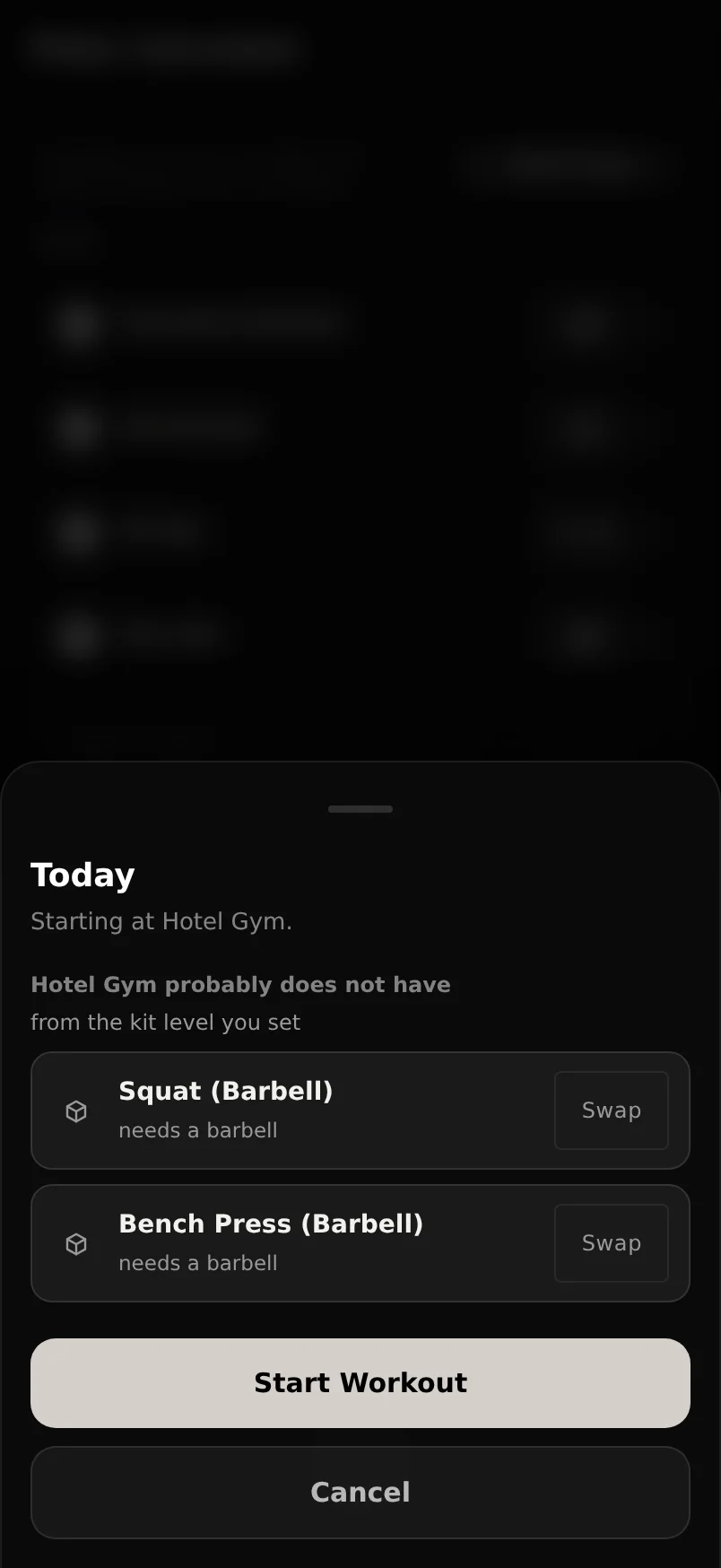 The sheet of exercises from today's session that this gym can't support, each with a suggested substitute and a one-tap fix