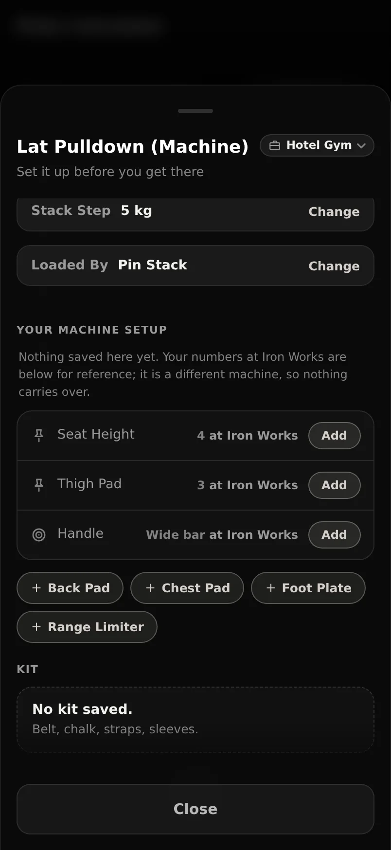 The Set Up sheet at a second gym showing a machine position dimmed and labelled as the value saved at My Gym rather than a saved setting