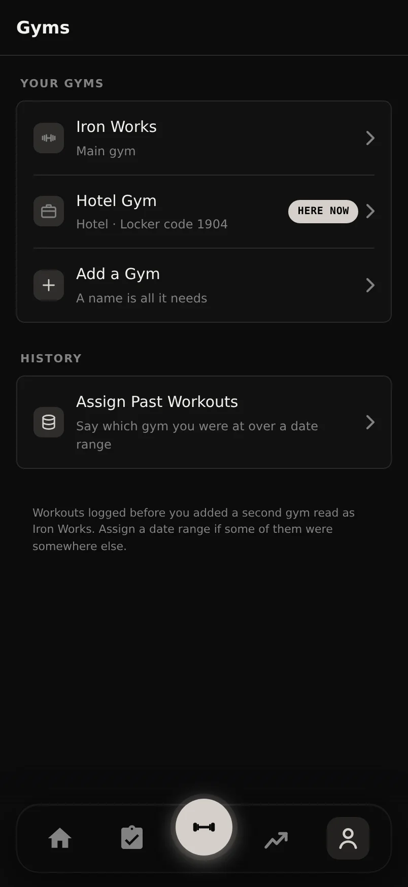 The Gyms screen in Durata Settings listing My Gym and a second gym, with Training here now marked on one of them and an Add a Gym row underneath