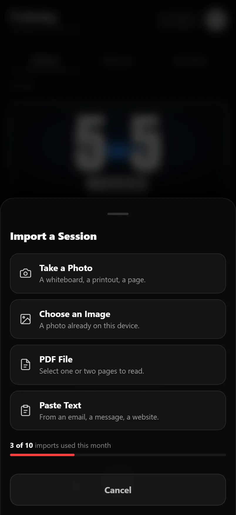 The Import a Session sheet in Durata offering four ways to import: take a photo, choose an image, a PDF file, and paste text, with a meter showing the imports used this month