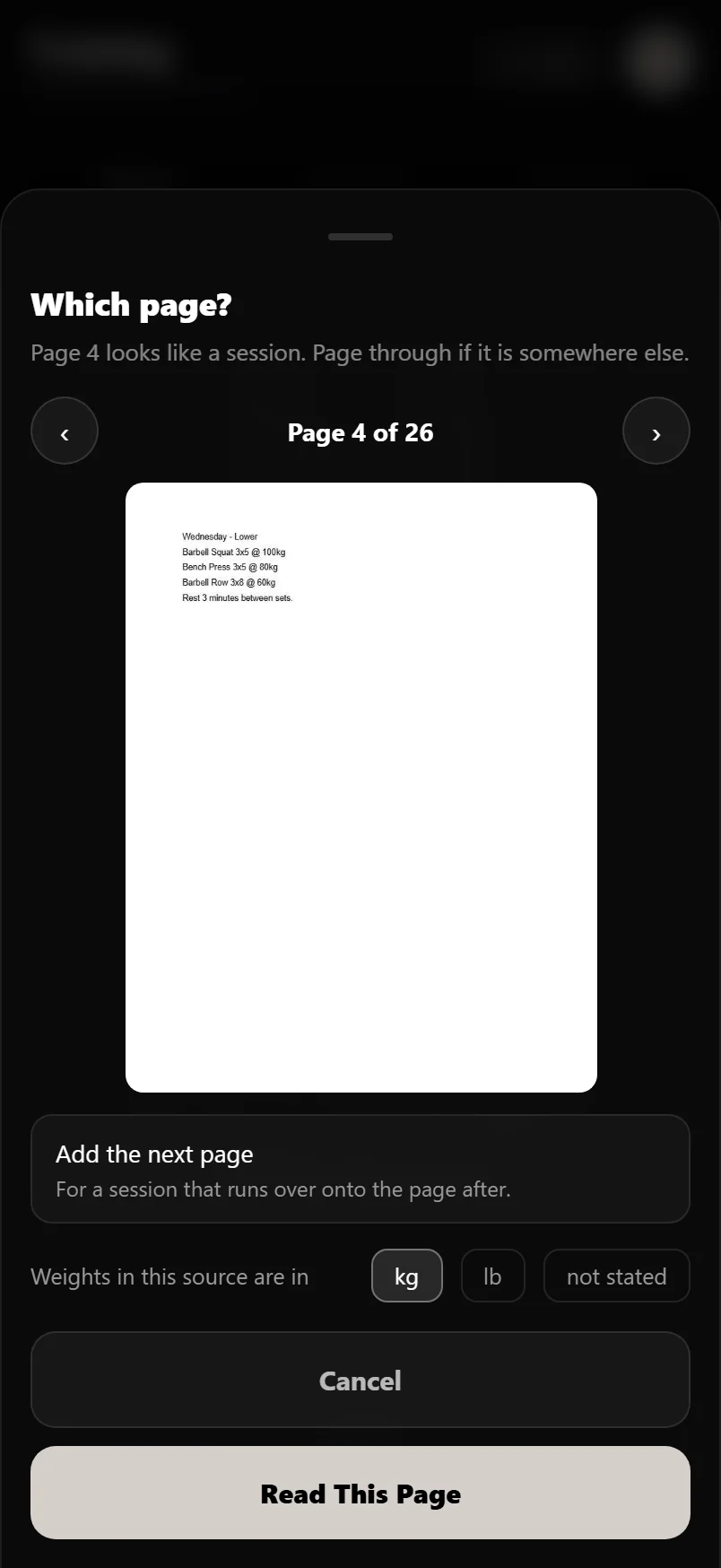 The Durata page chooser open on one page of a 26 page book, shown as a thumbnail with arrows either side and a switch beneath offering to add the next page