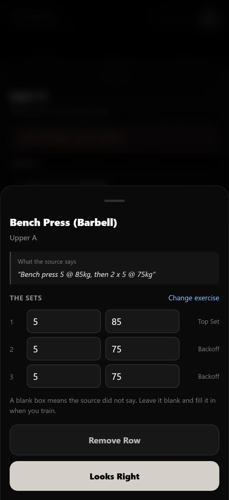 One import row opened, quoting the line from the source above editable reps and weight boxes