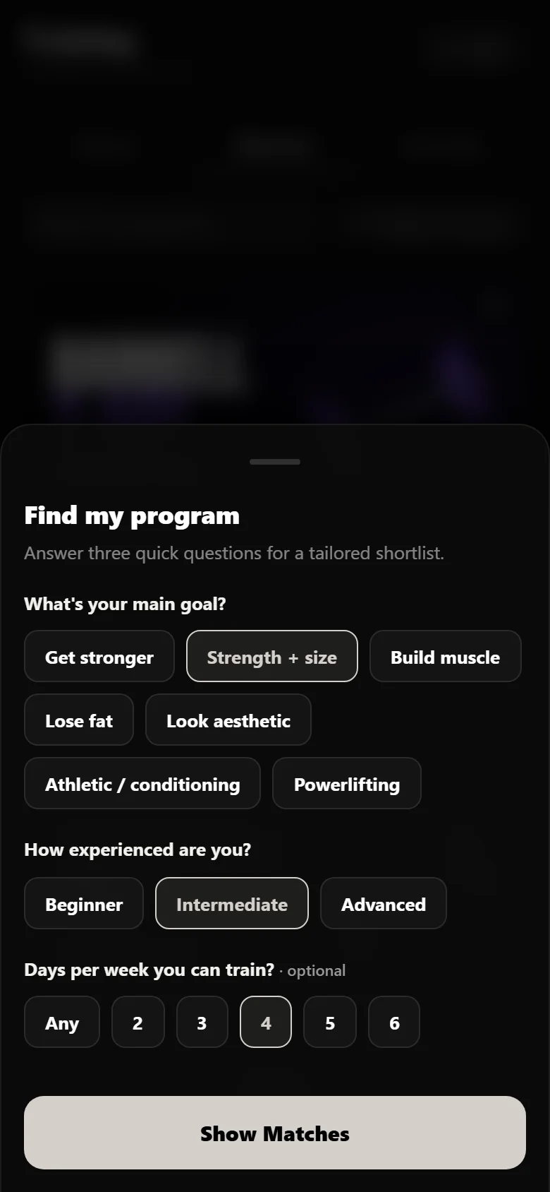 Durata program finder with goal, experience and days per week answered