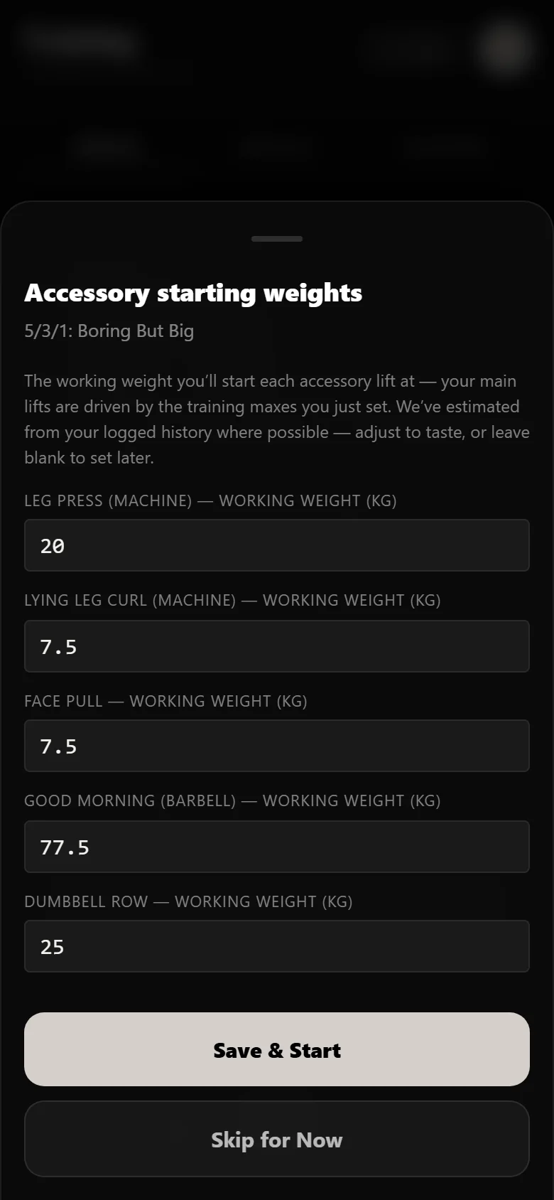 Setting assistance working weights when starting 5/3/1: Boring But Big in Durata