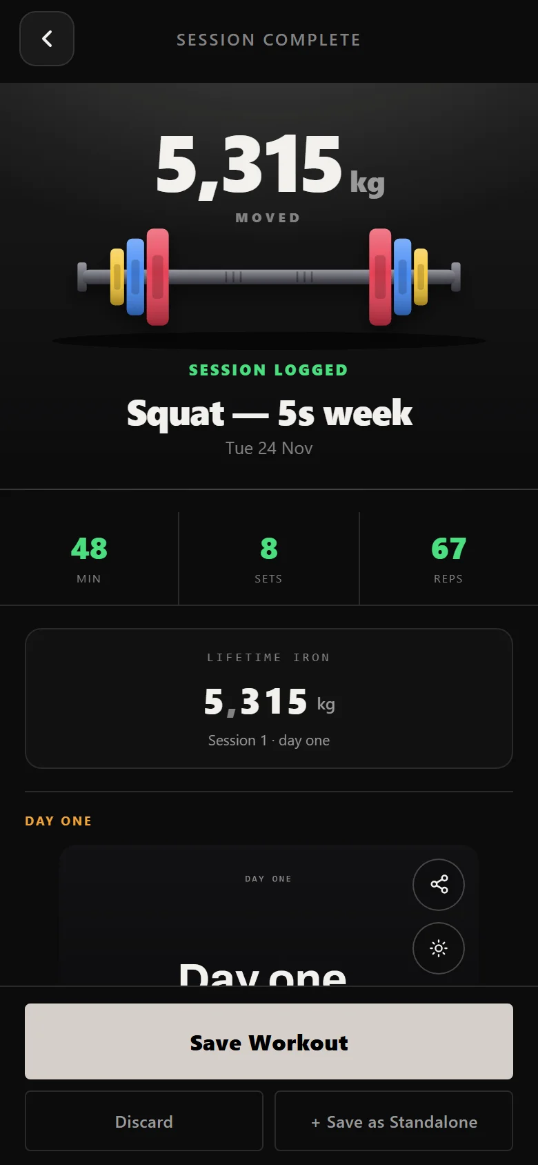 Durata session complete screen for a 5/3/1 Boring But Big squat day