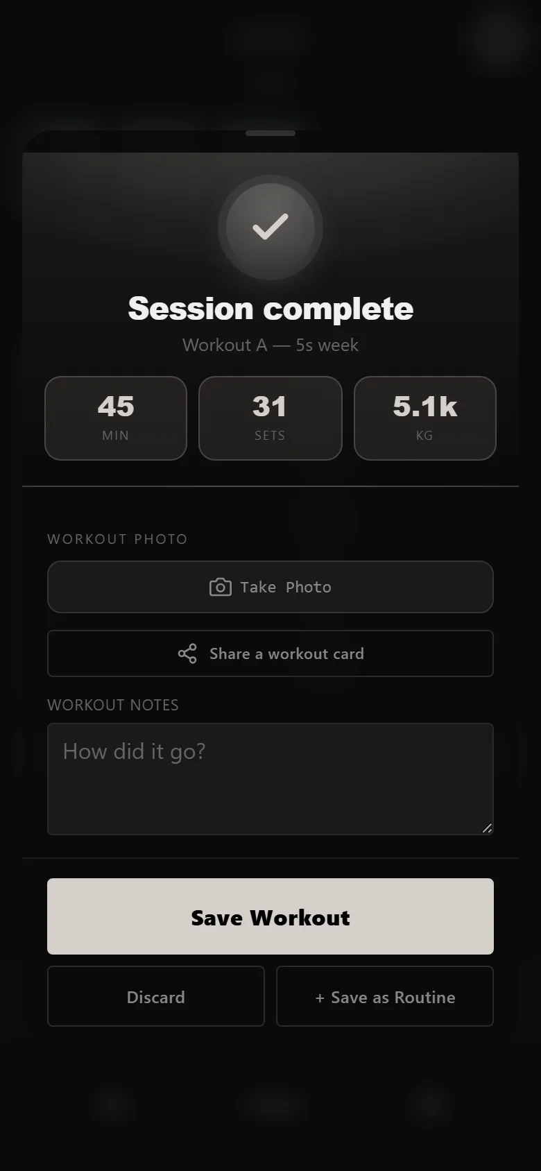 Durata session-complete screen showing duration, total sets and total volume