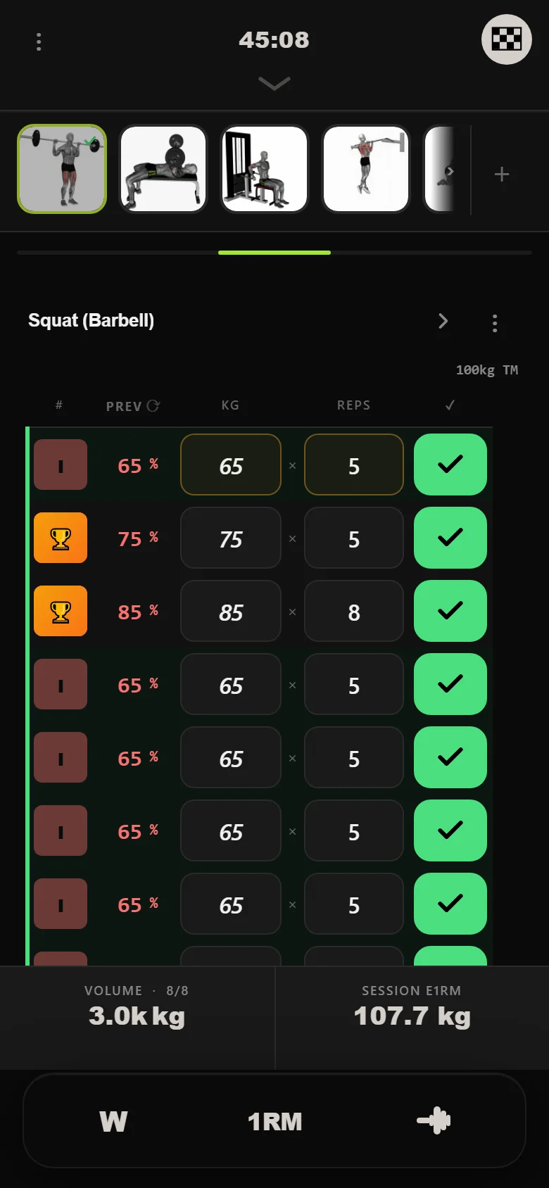 Durata logger — cycle 1 week 1 squat, top set 85 kg