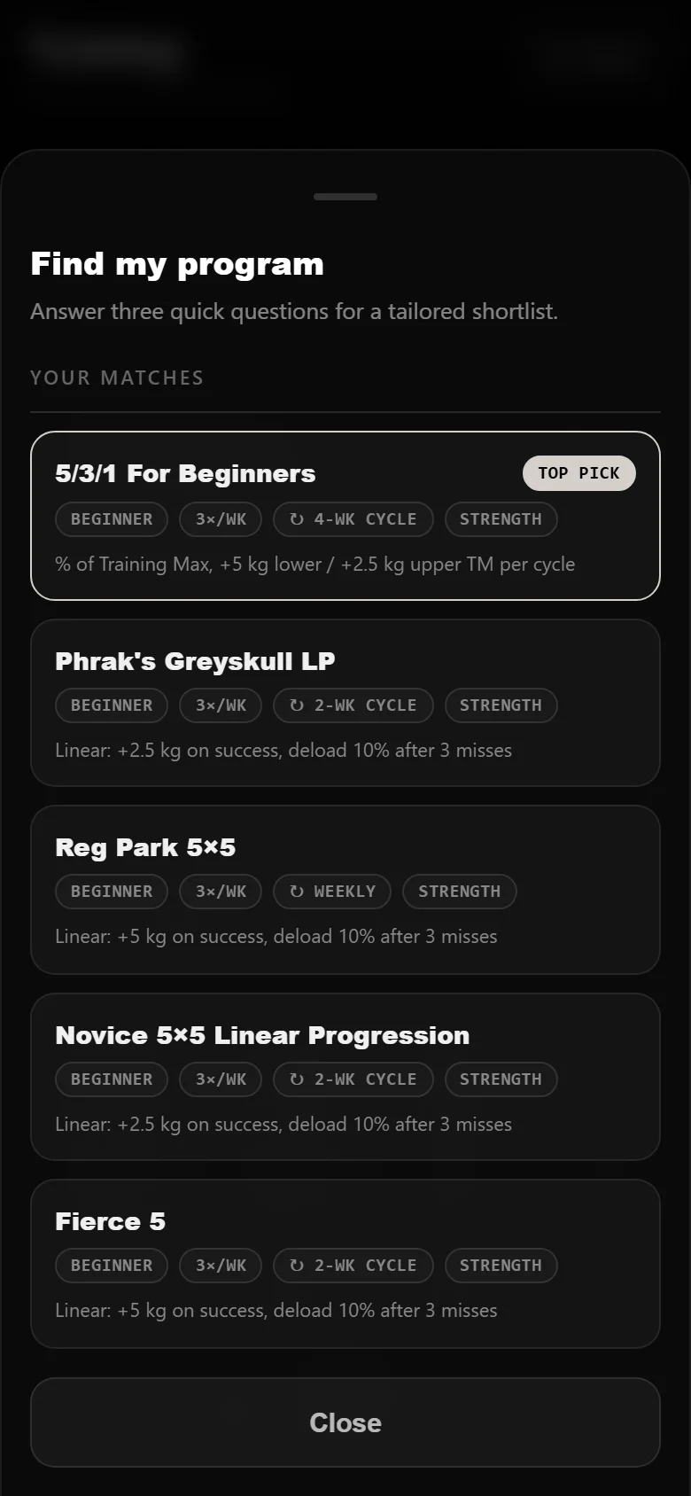 Durata finder results with 5/3/1 For Beginners as the top pick
