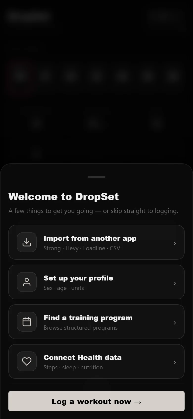Durata first-run onboarding sheet with import, profile, find a program and connect Health options