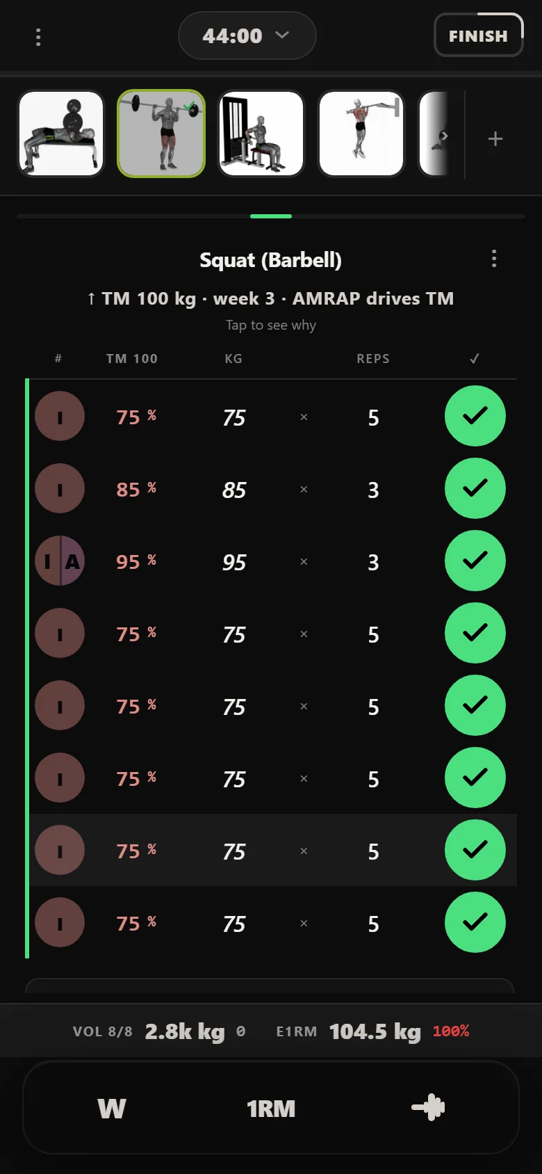Durata logger: cycle 1 week 3 squat, top set 95 kg