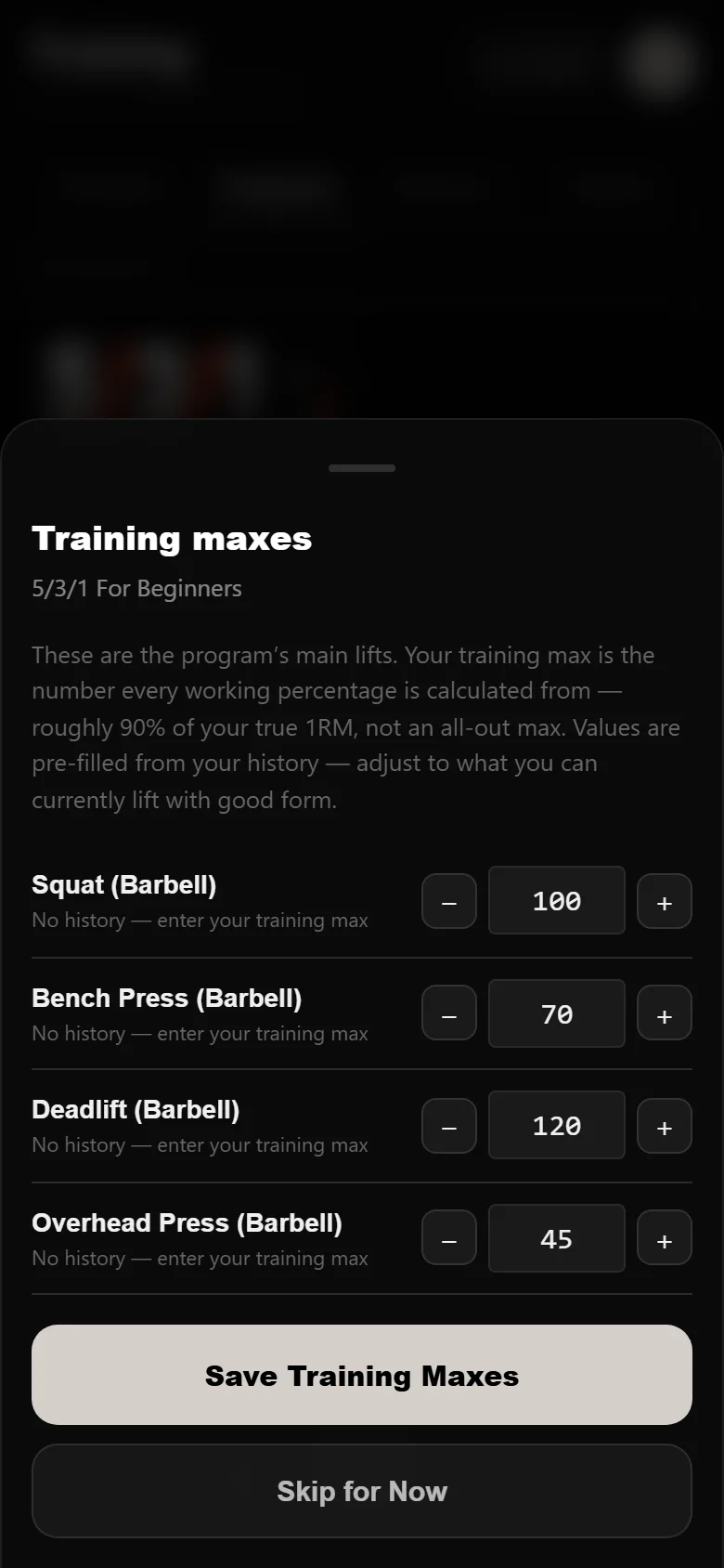 Setting training maxes per lift when starting a program in Durata