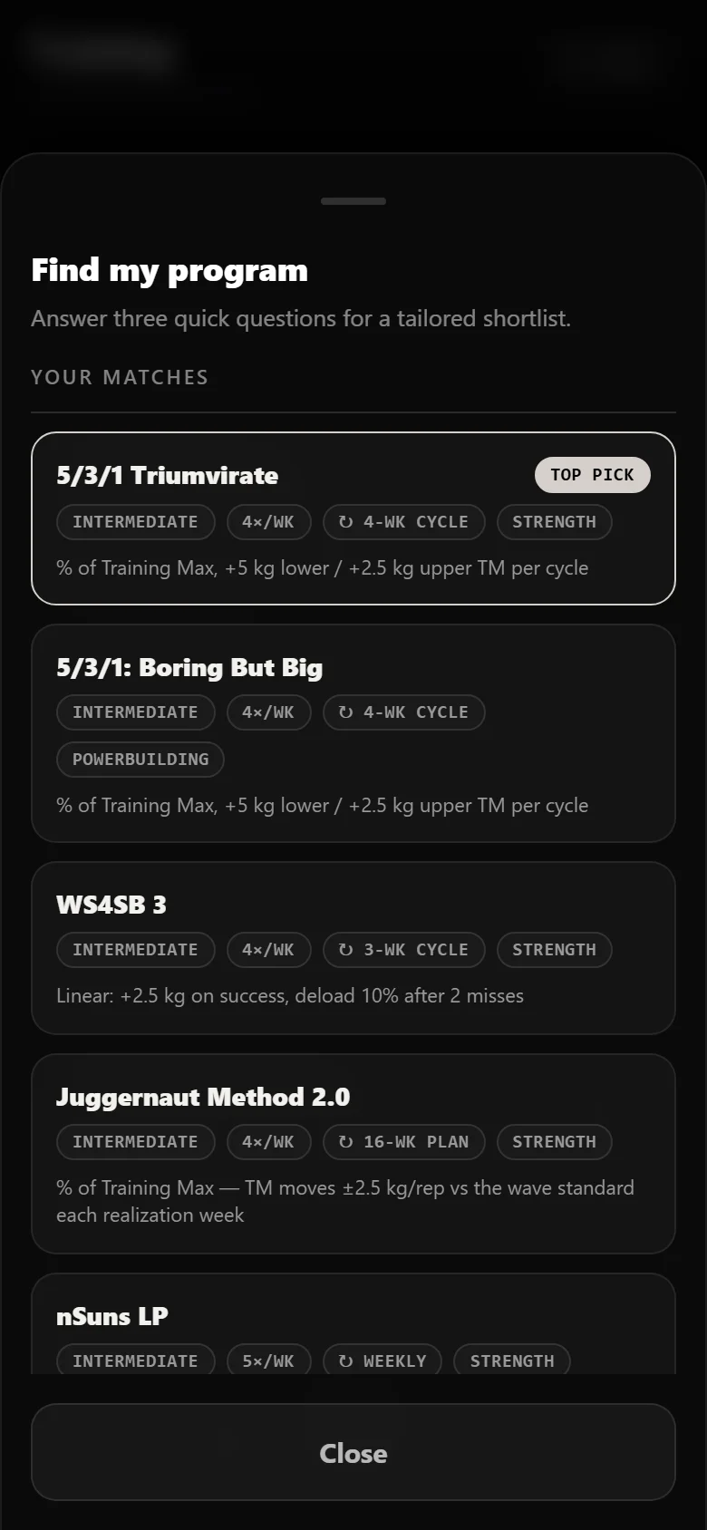 Durata finder results with 5/3/1 Triumvirate as the top match