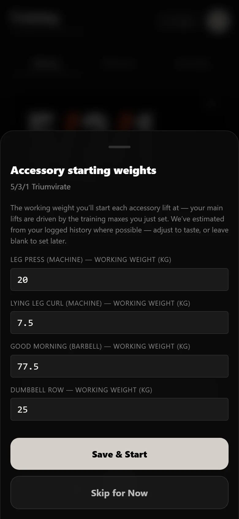 Setting assistance working weights when starting 5/3/1 Triumvirate in Durata