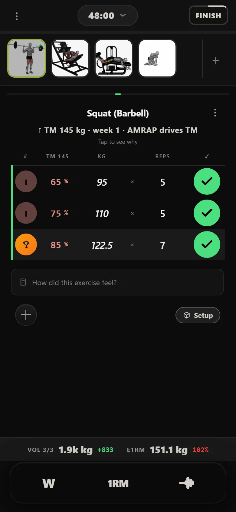 Cycle two of 5/3/1 Triumvirate in Durata, opening at 122.5 kg off a 145 kg training max