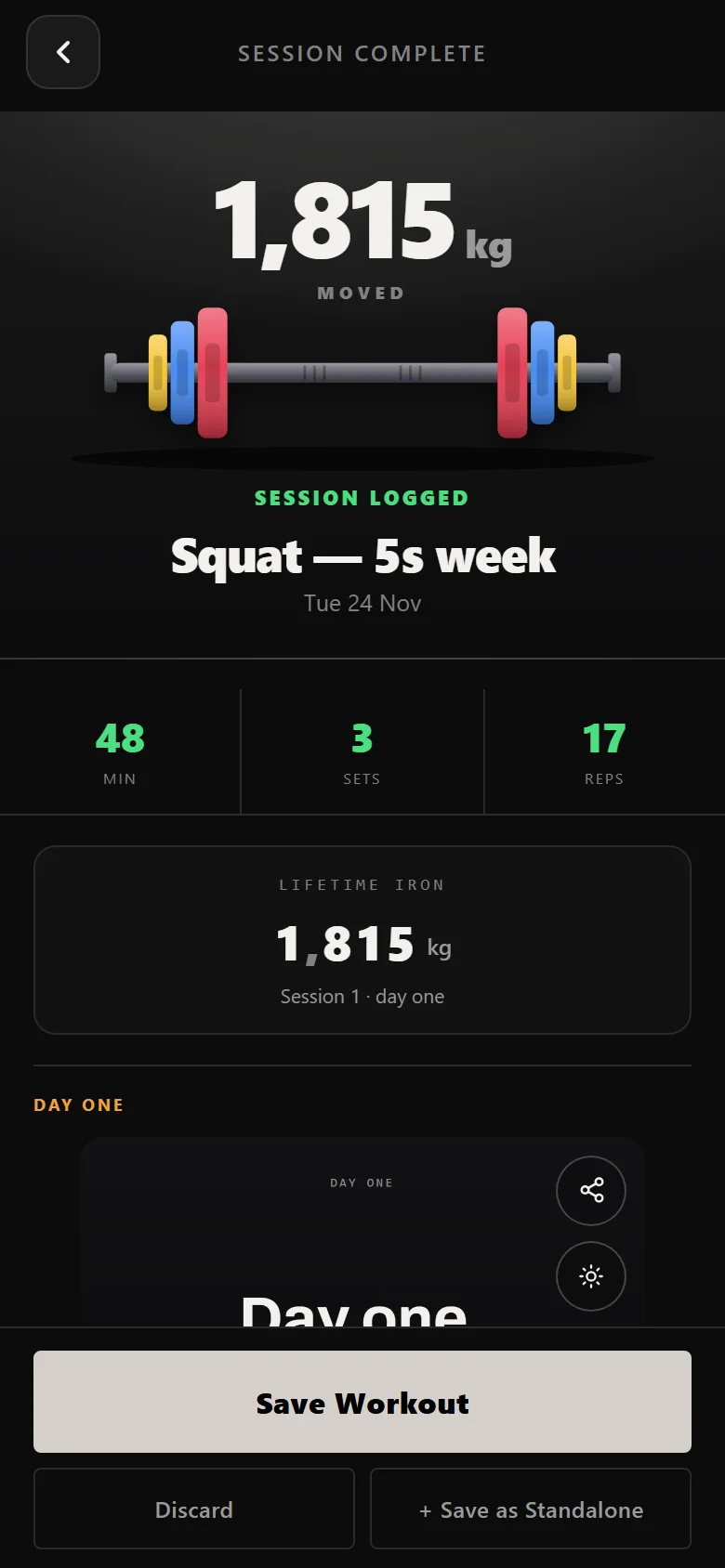 Durata session complete screen for a 5/3/1 Triumvirate squat day