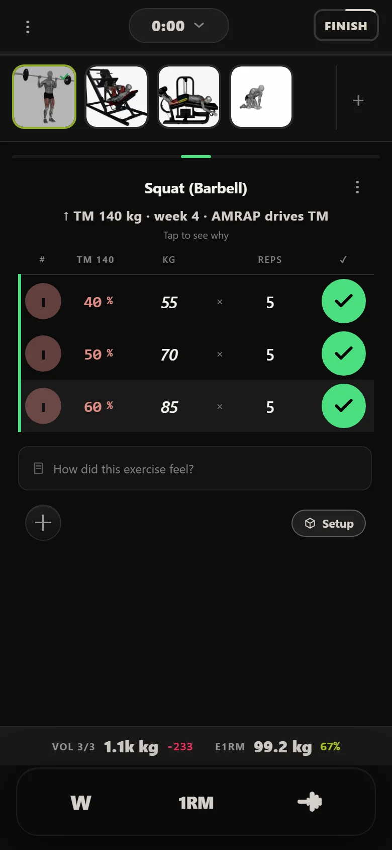 A 5/3/1 deload week squat session in Durata