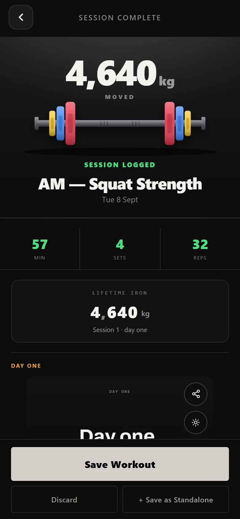 Durata session complete screen for an AM strength session
