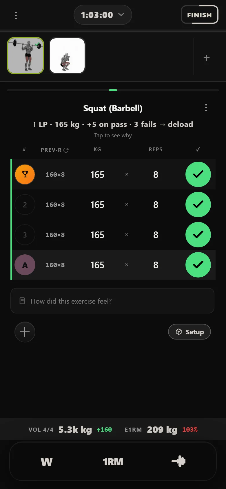 Durata logger: barbell squat at 165 kg