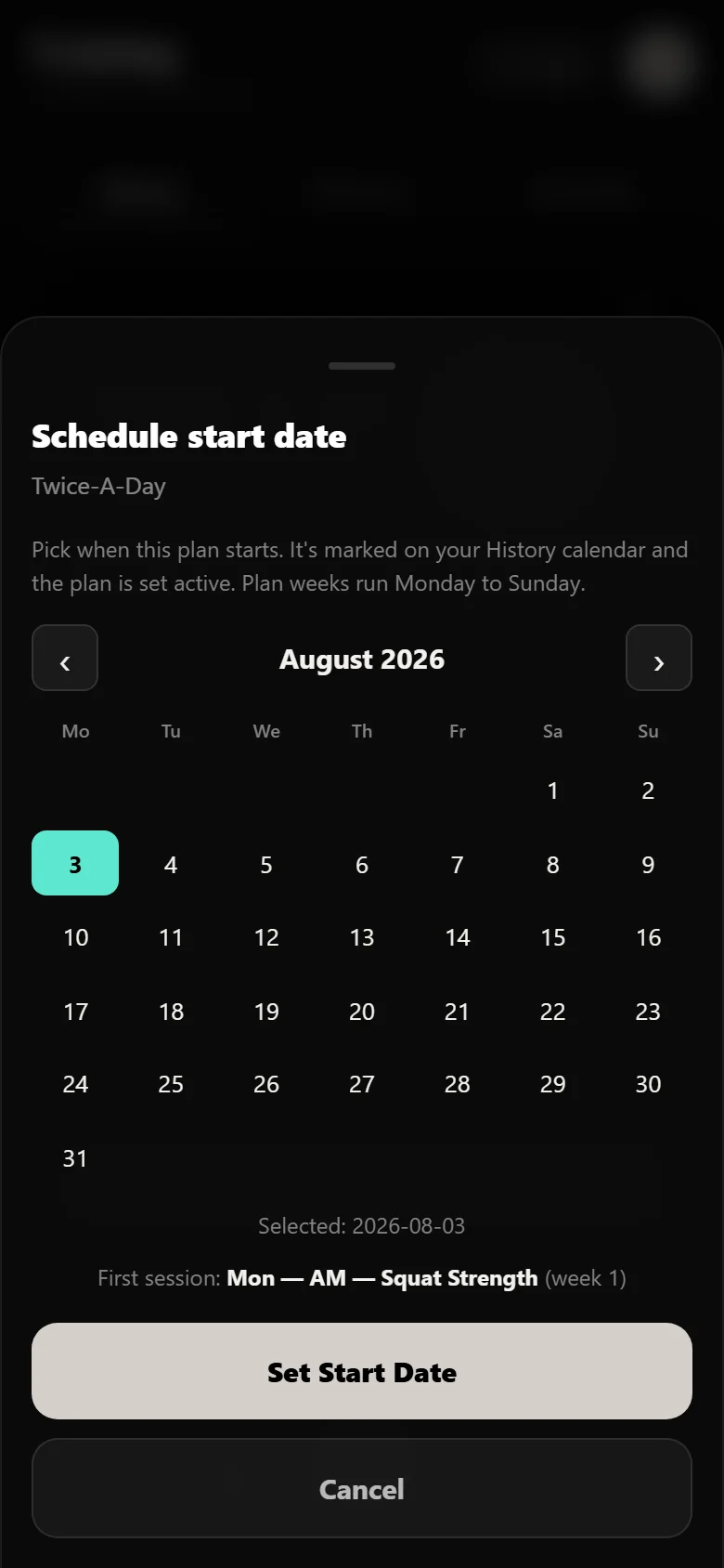 Choosing a start date for a Twice-A-Day block in Durata