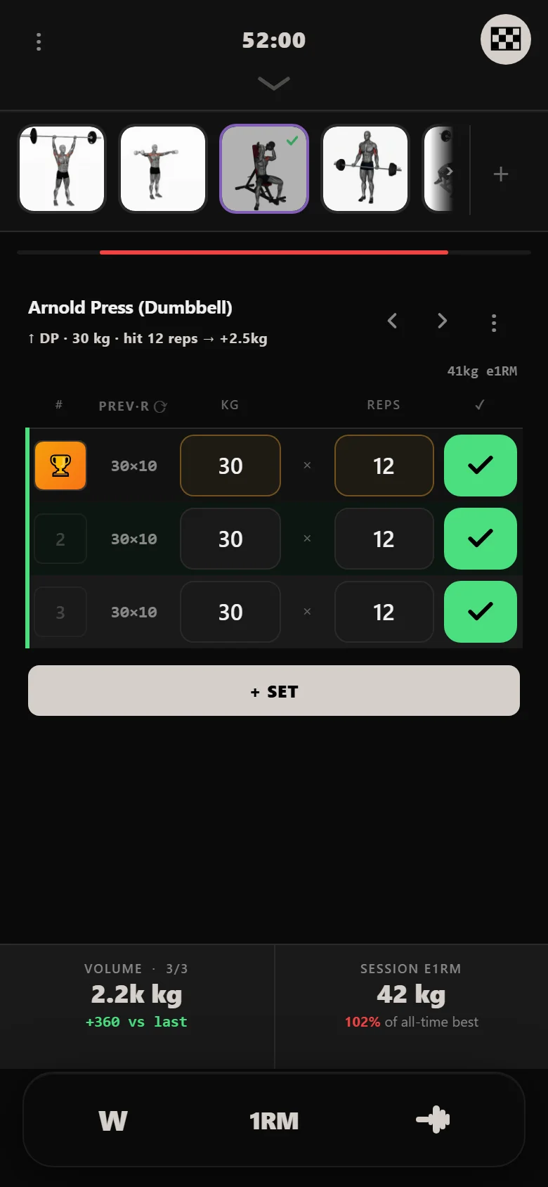Double progression in Durata — reps climbing inside the range before the weight moves