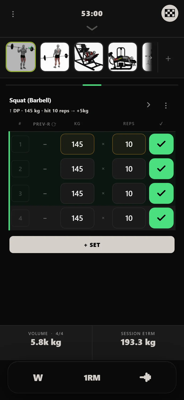 Squat session in Durata at 145 kg with the double-progression rule chip visible