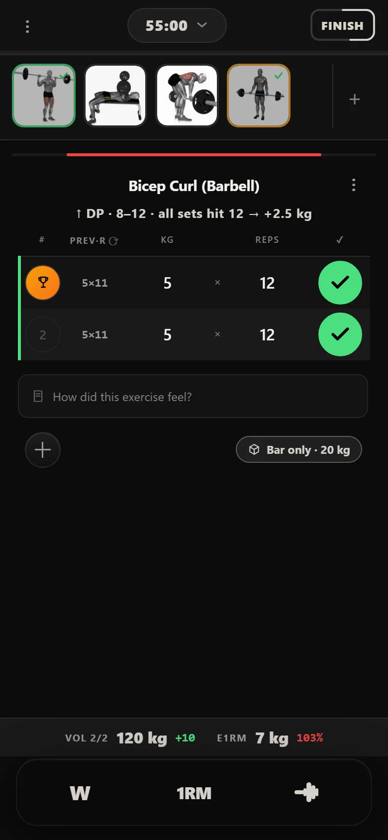 Double progression on a barbell curl in Durata, showing the rep range and the weight increase rule
