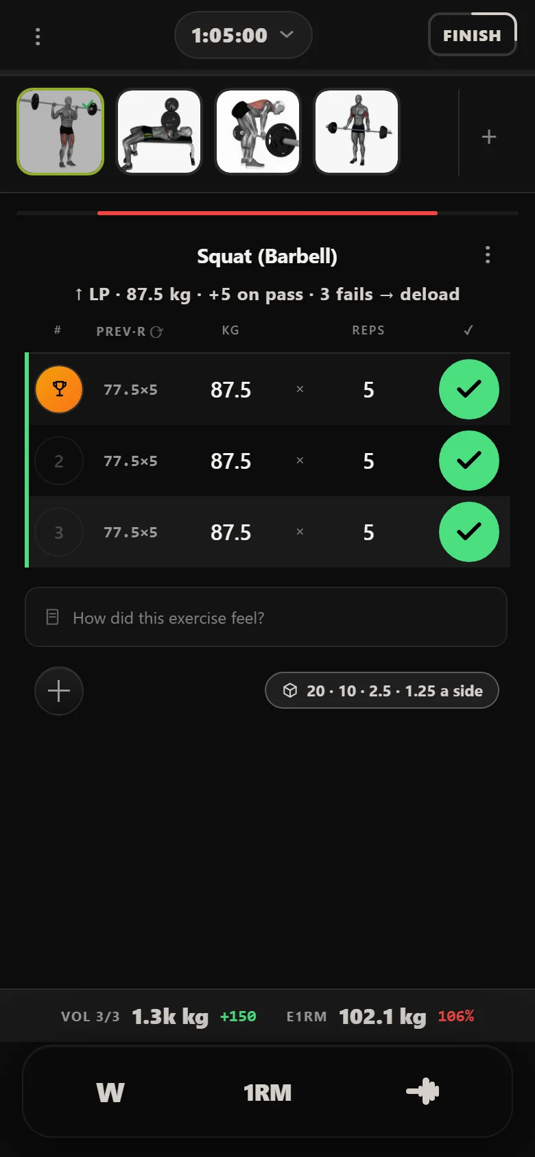 Squat at 87.5 kg in Durata, above the weight that previously stalled the lifter
