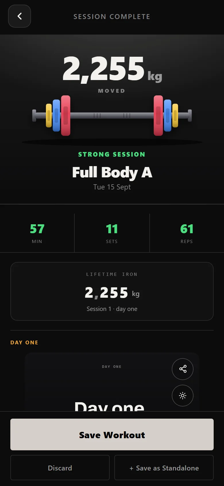 Durata session complete screen for a full body workout