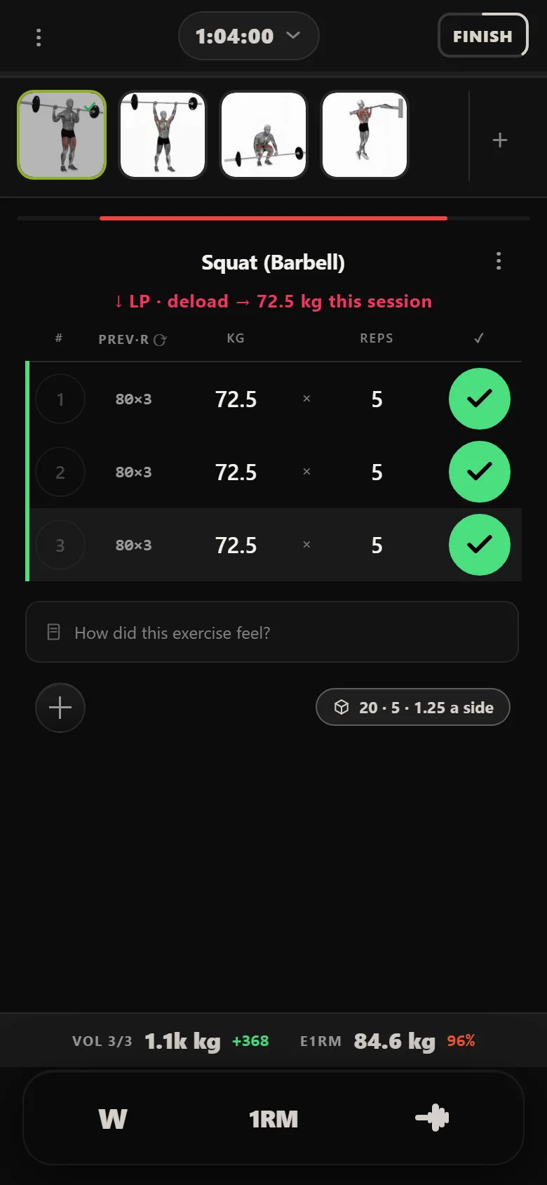 Durata applying an automatic 10 percent deload, dropping squat from 80 kg to 72.5 kg