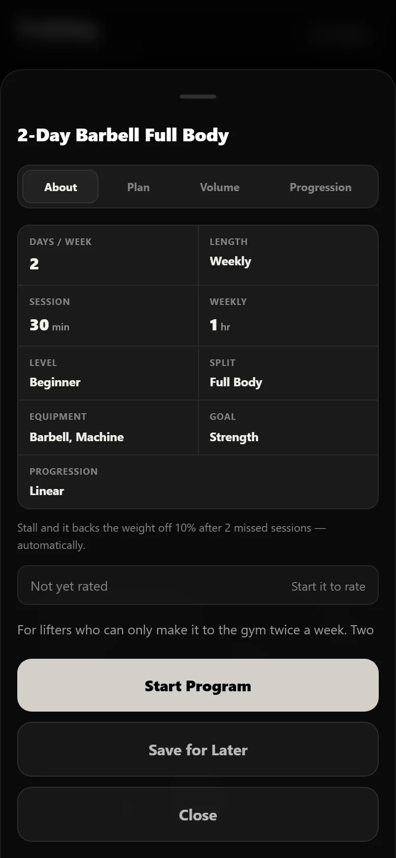 The 2-Day Barbell Full Body program page in Durata showing the schedule and progression rule