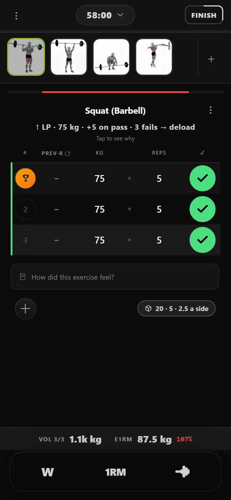 Squat at 75 kg for three sets of five after four sessions of linear progression in Durata