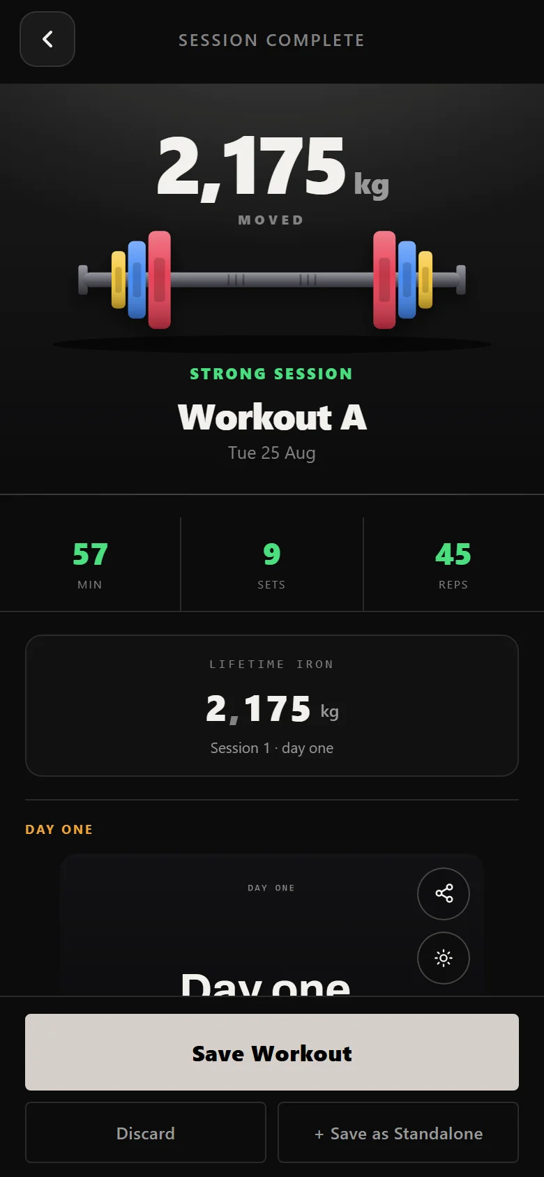 Durata session complete screen for a Basic Beginner Routine full body session