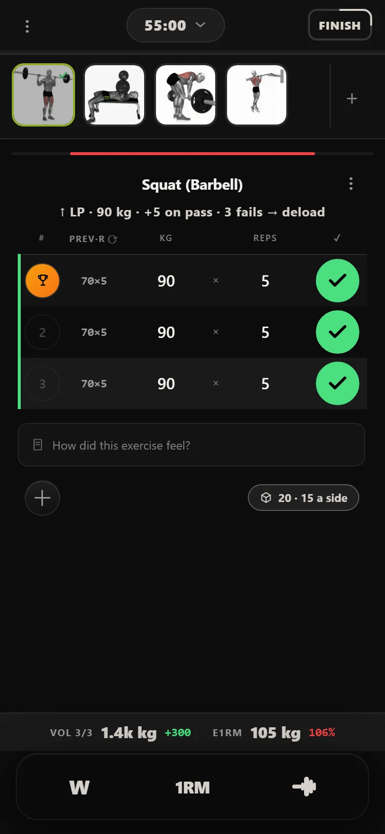 Durata logger: squat at 90 kg for three sets of five on the last session of the block