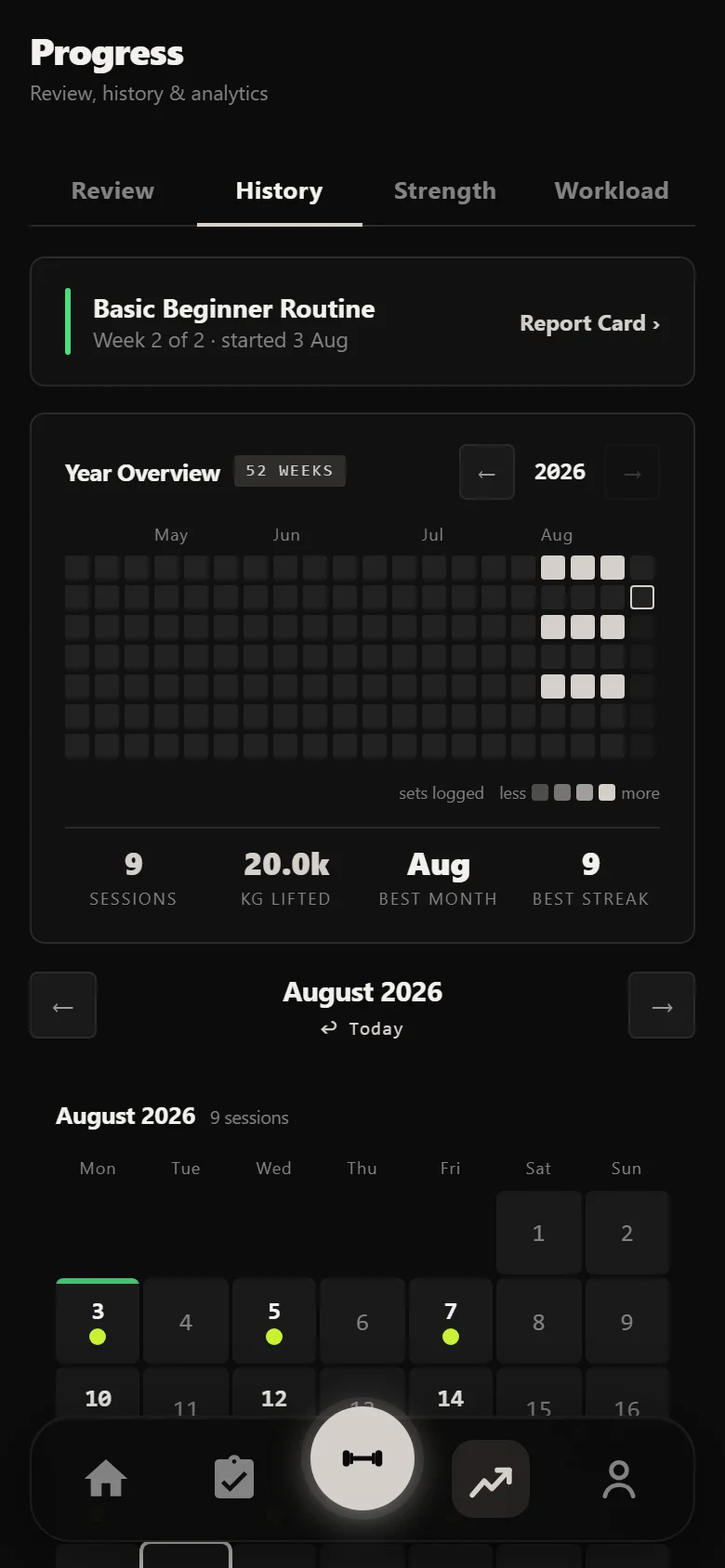 Durata history showing three weeks of Basic Beginner Routine sessions
