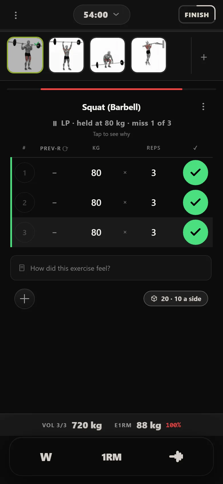 A missed squat session in Durata: three sets of 80 kg for 3 reps, with the chip reading held at 80 kg