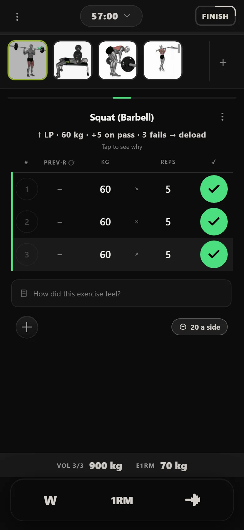 Squat session in Durata at 60 kg for three sets of five with the LP rule chip visible