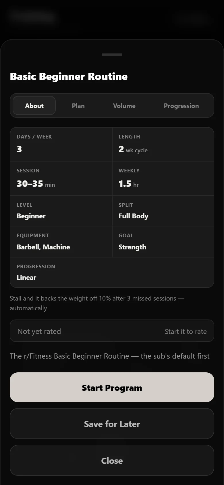 The Basic Beginner Routine program sheet in Durata, showing a beginner full body program on linear progression