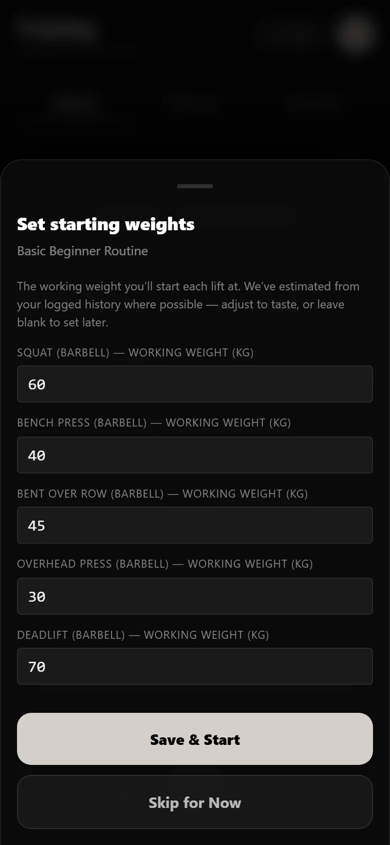Setting starting working weights when beginning the Basic Beginner Routine in Durata, squat at 60 kg