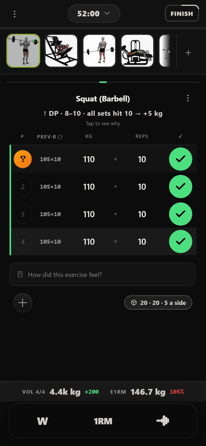 Squat (Barbell) at 110 kg on the third leg day in Durata