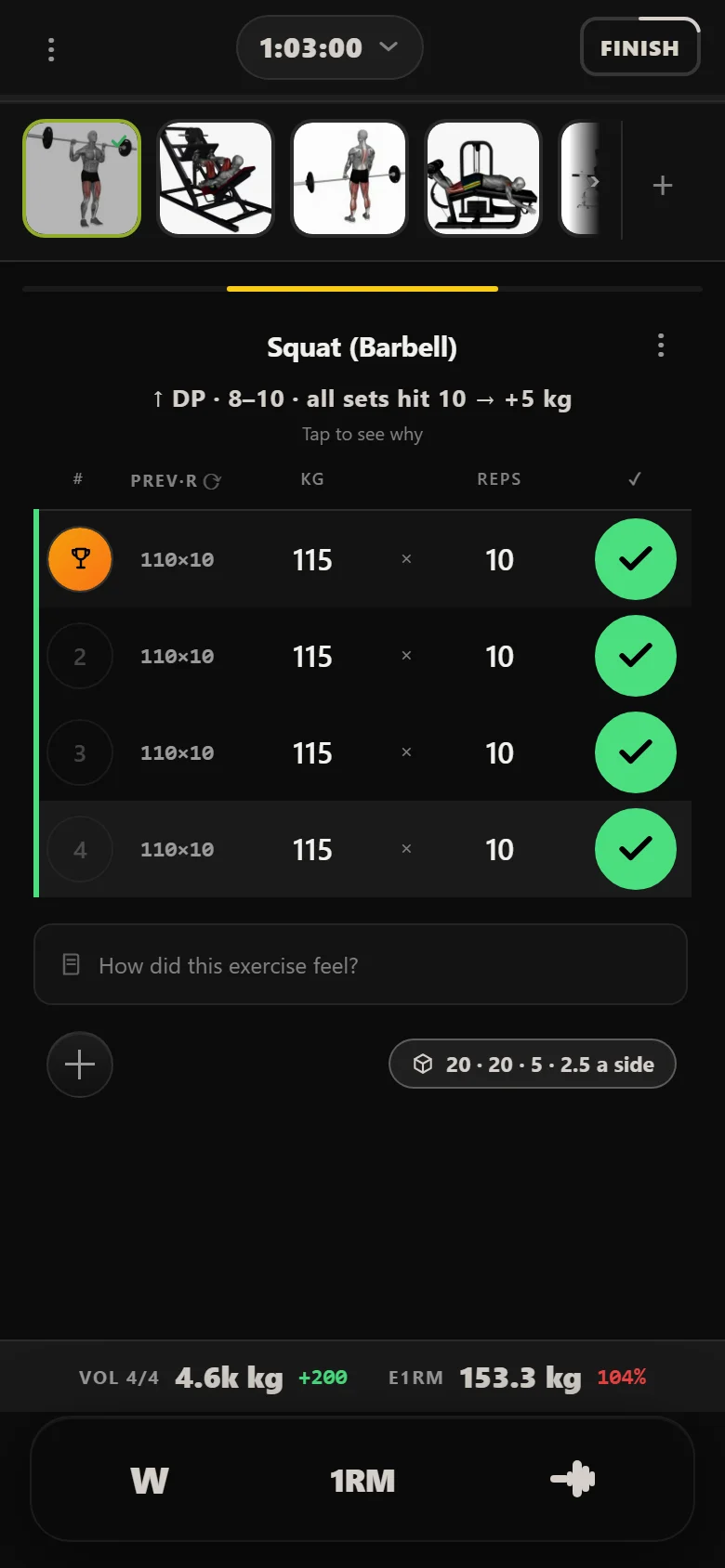 Durata logger: Squat (Barbell) at 115 kg