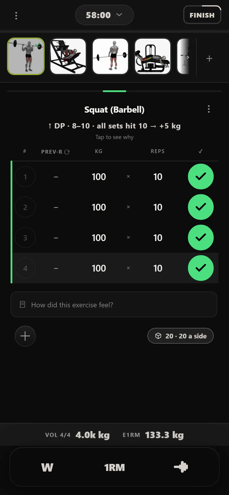Durata logger: Squat (Barbell) at 100 kg