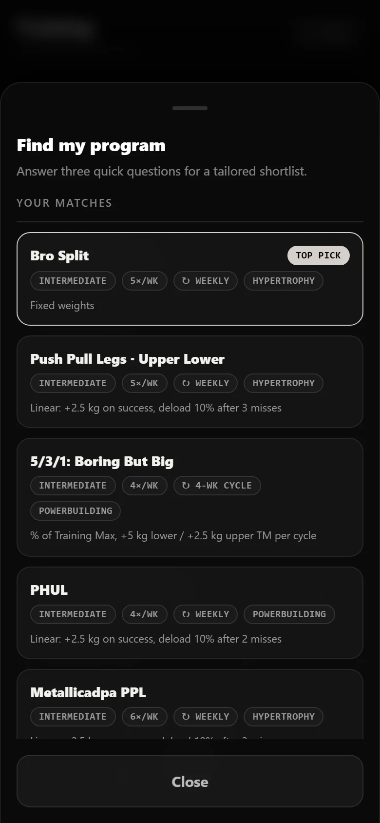 Durata finder results with Bro Split as the top pick