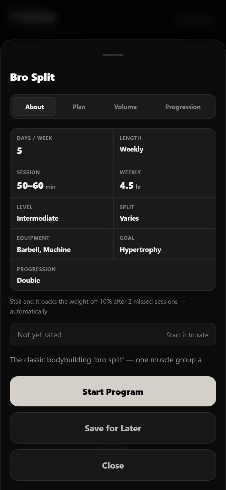 The Bro Split program page in Durata showing the five training days