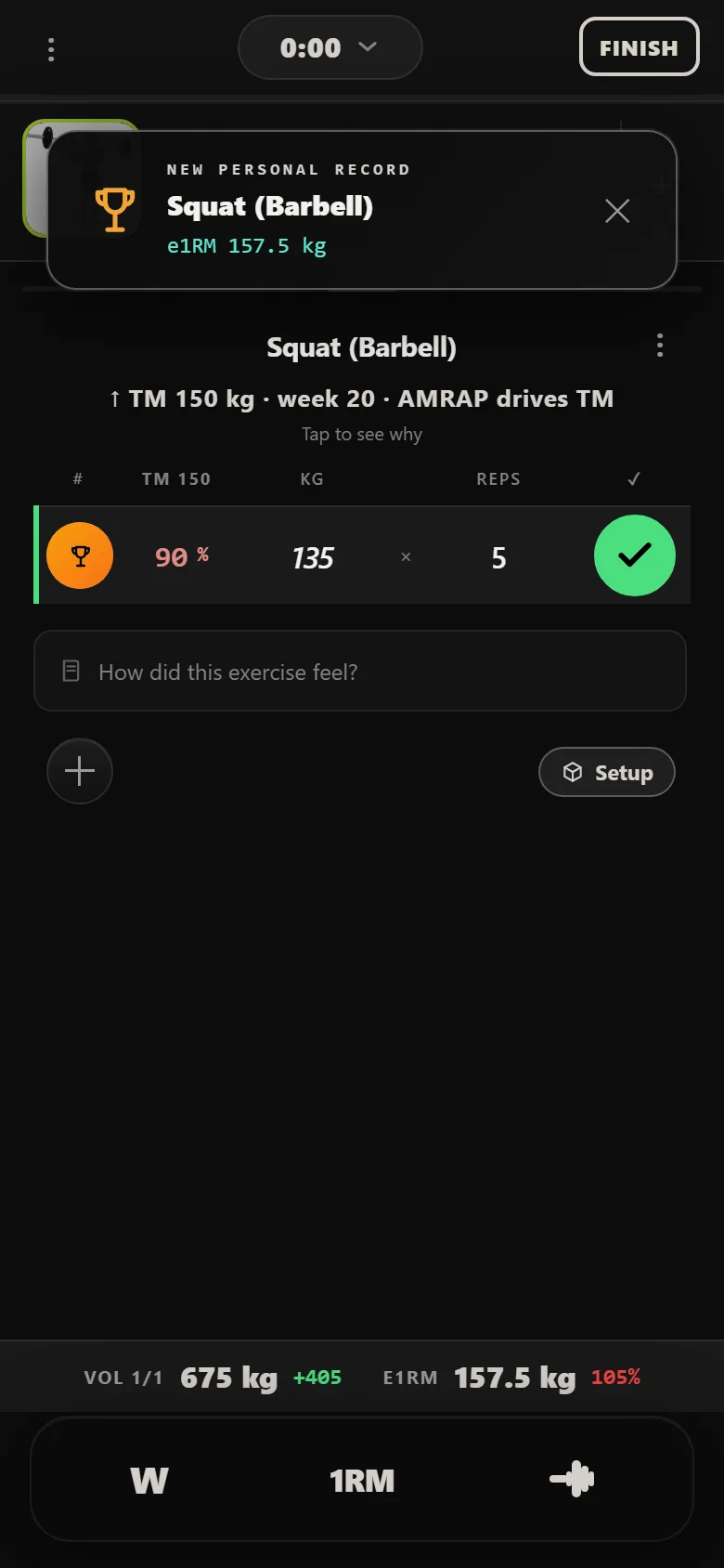 Durata logger: Squat (Barbell) single at 135 kg, repped out