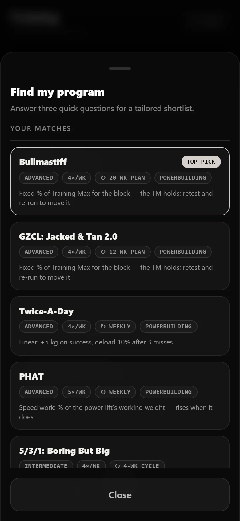 Durata finder results with Bullmastiff as the top match