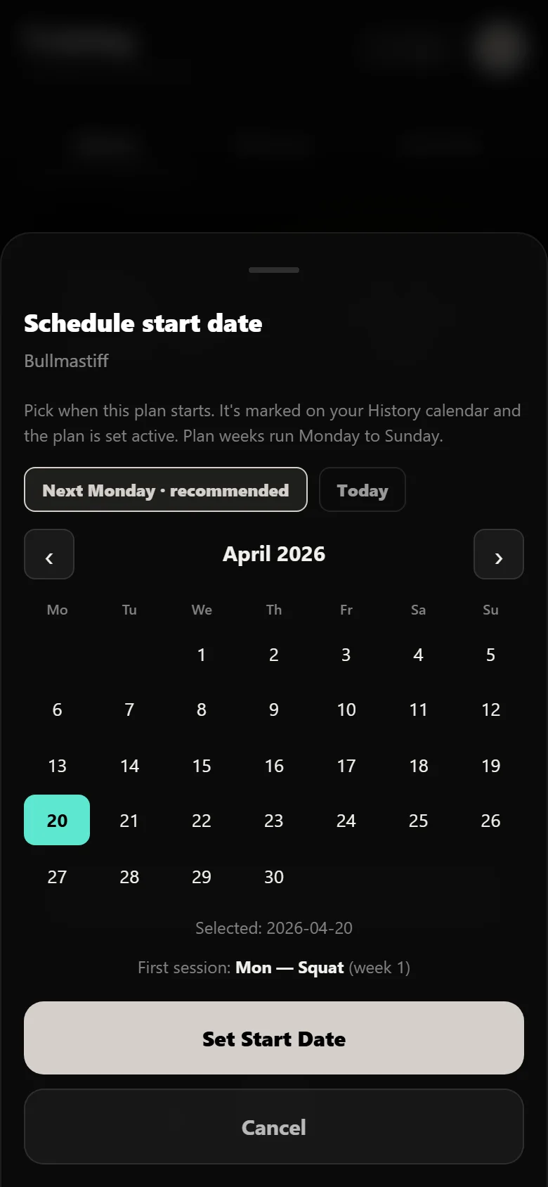 Choosing a start date for a Bullmastiff block in Durata