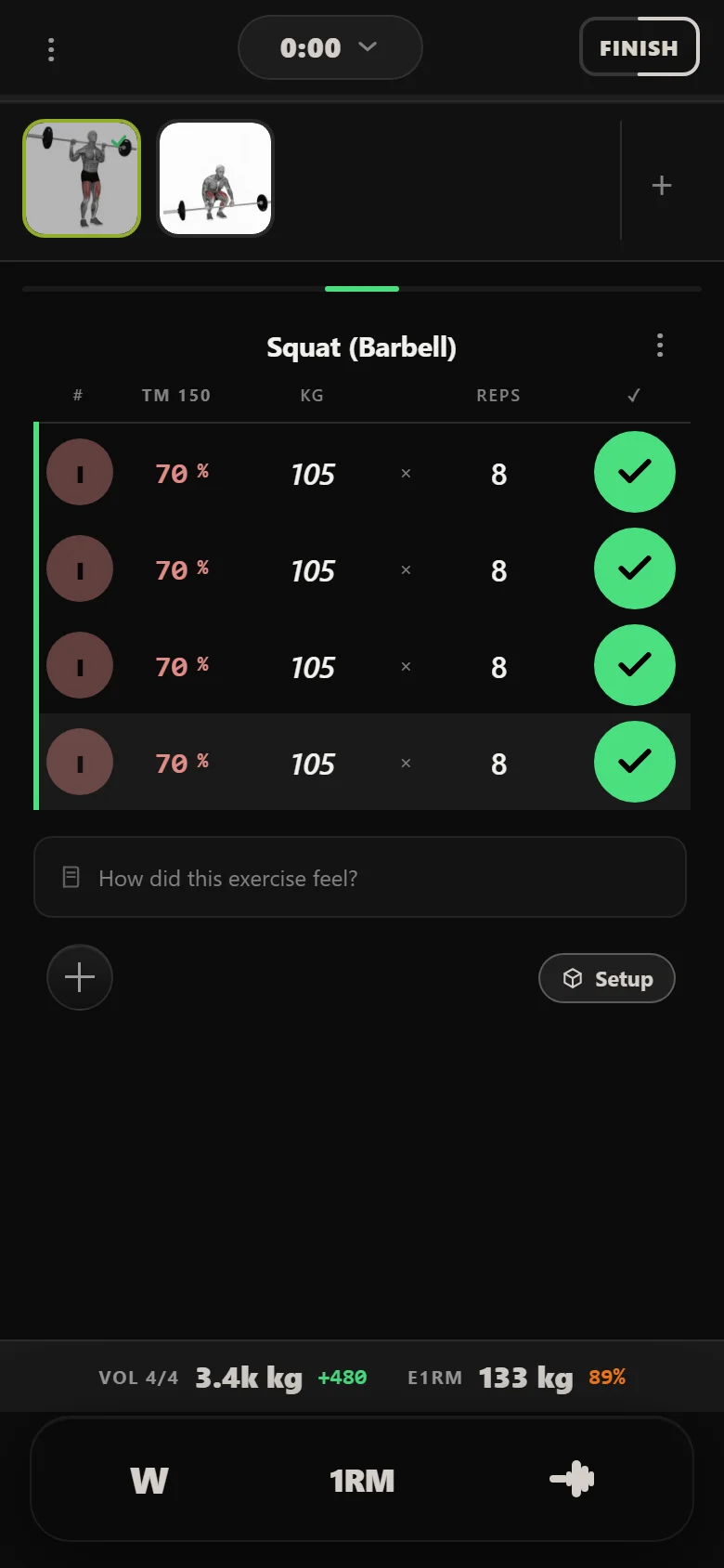 Durata logger: Squat (Barbell) at 105 kg